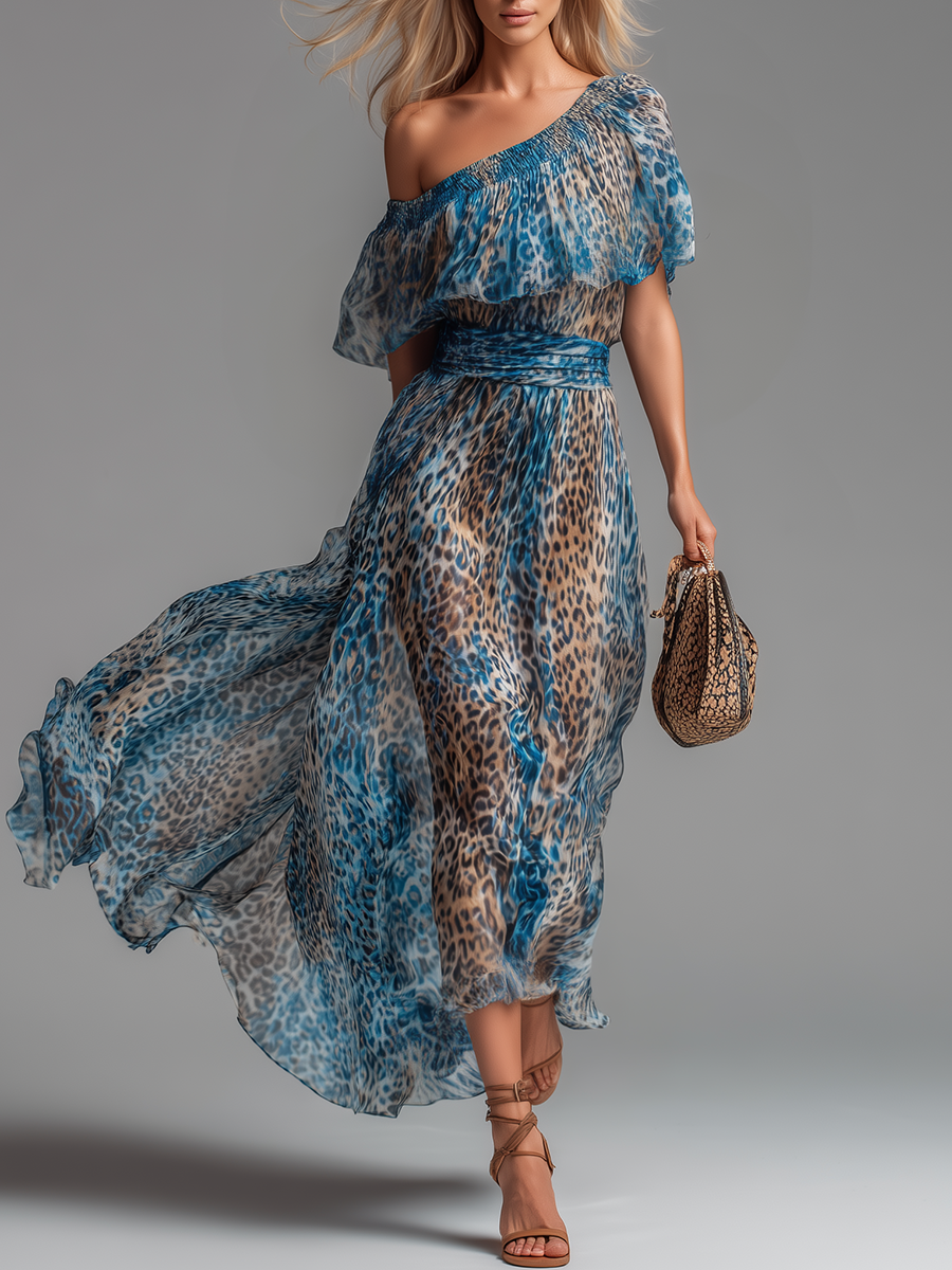 Salvaje - Vestido largo de gasa con estampado de leopardo y hombros descubiertos