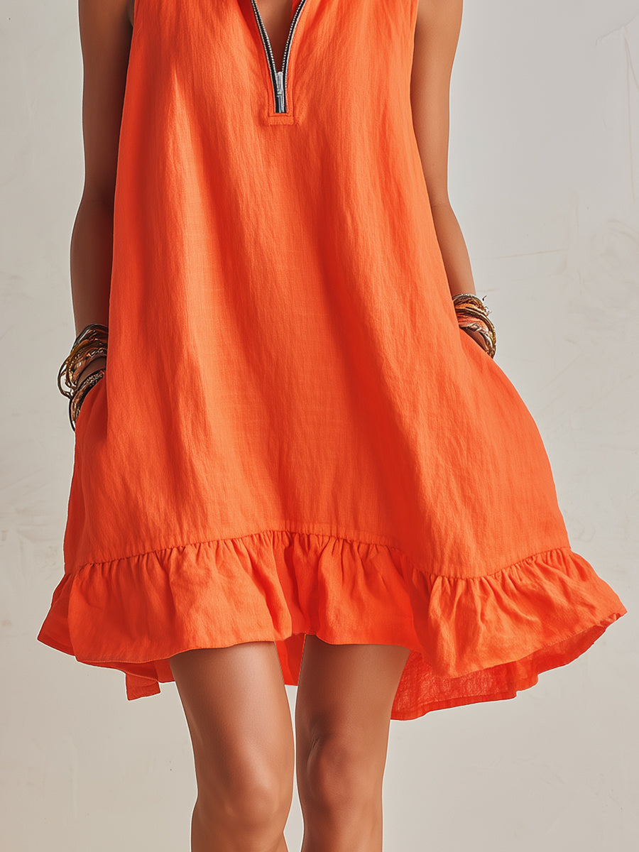 Mini Vestido Naranja de Resort de Algodón-Lino con Cuello Alto, Media Cremallera y Dobladillo con Volantes
