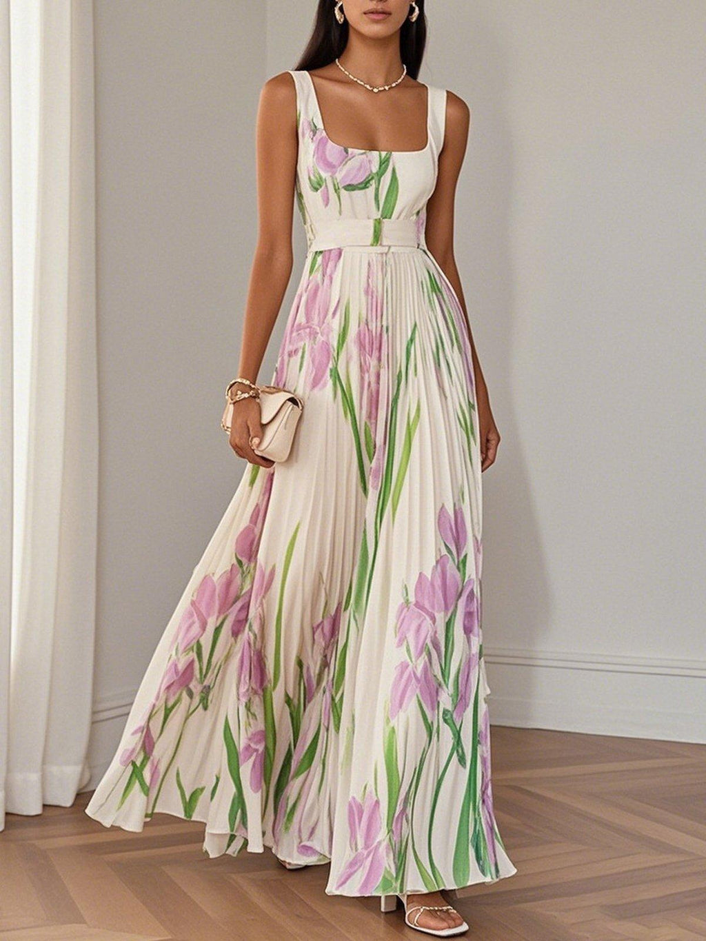 Vestido Maxi de Chiffon Blanco Plisado Floral con Cuello Cuadrado sin Mangas