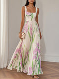 Vestido Maxi de Chiffon Blanco Plisado Floral con Cuello Cuadrado sin Mangas