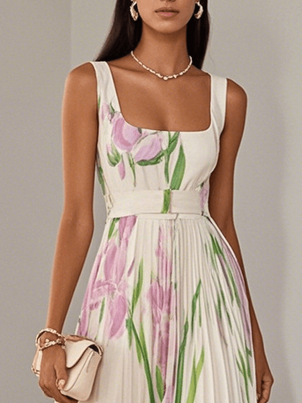 Vestido Maxi de Chiffon Blanco Plisado Floral con Cuello Cuadrado sin Mangas