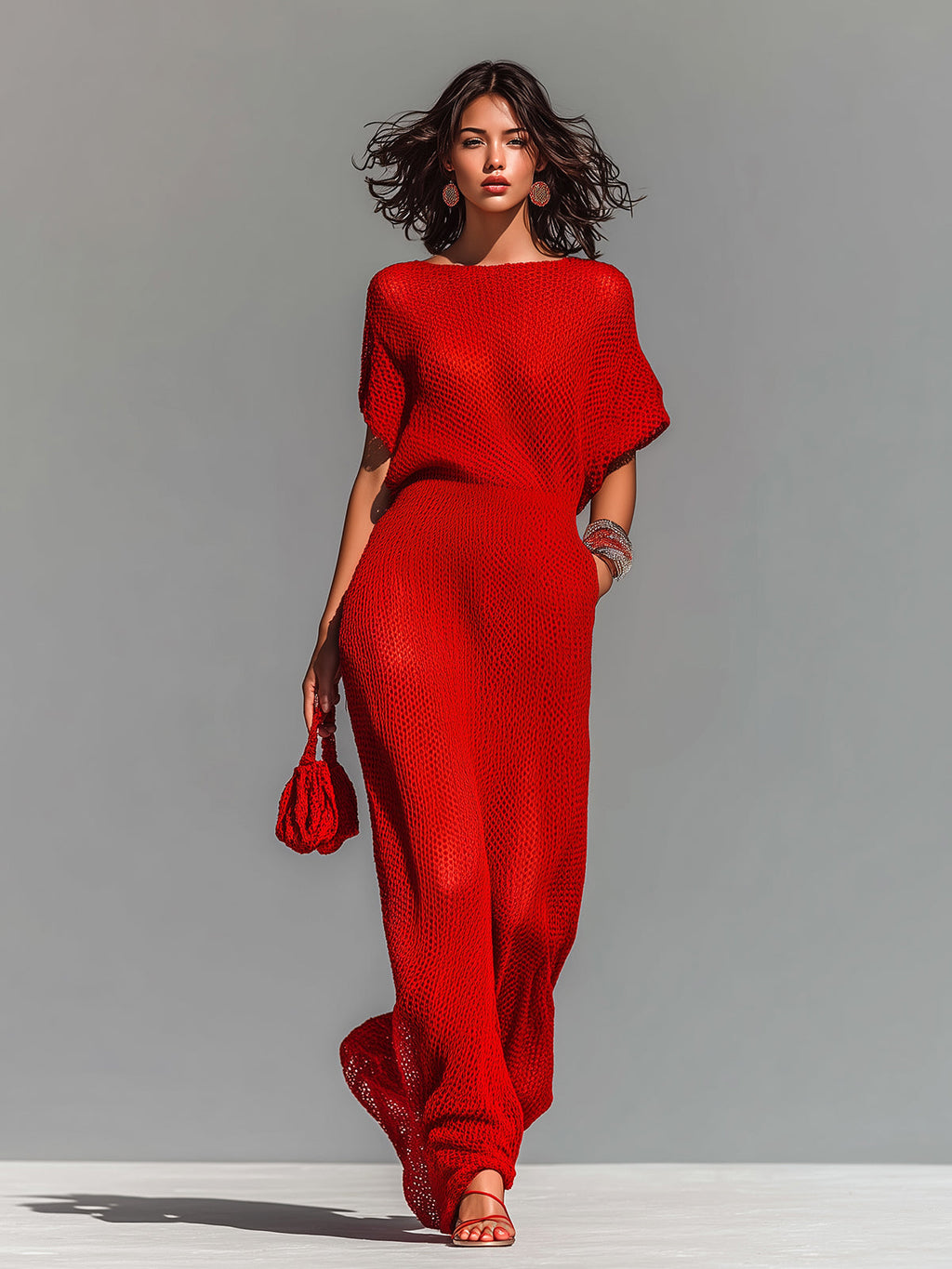 Vestido Maxi Chic Elegante Rojo con Cuello Barco en Punto Transpirable (Incluye Lencero Interior)