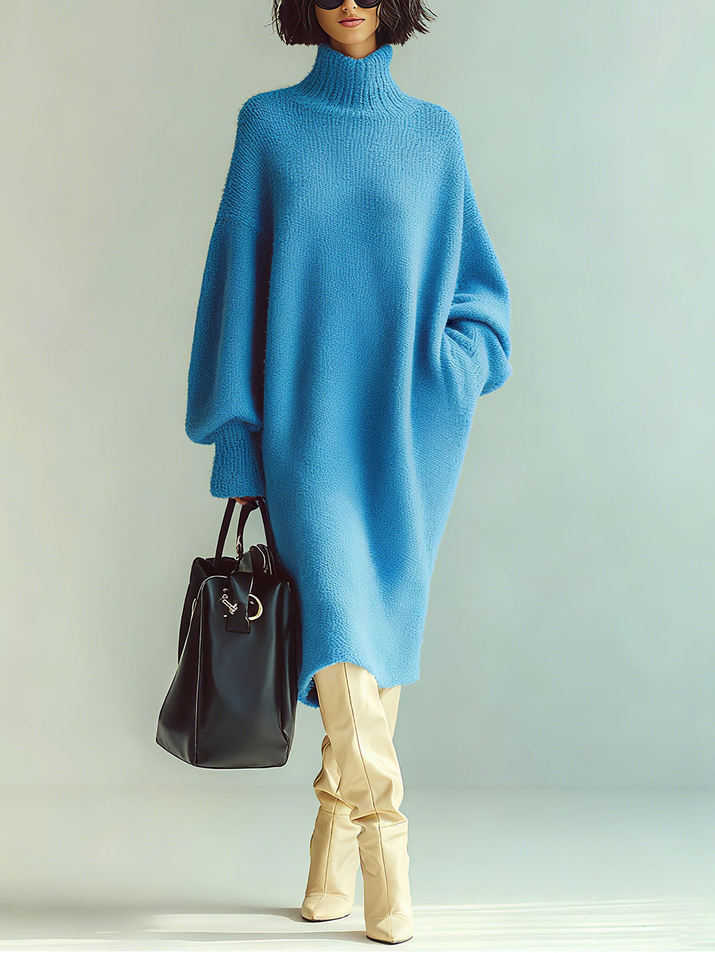Vestido Midi Chic Casual Azul Oversize con Cuello Alto y Manga Larga