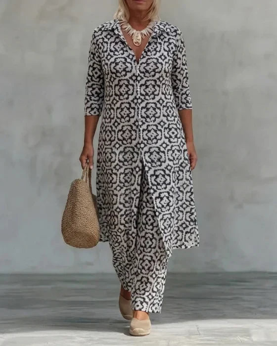 Sara | Conjunto Boho de Túnica con Estampado Geométrico y Pantalón Ancho