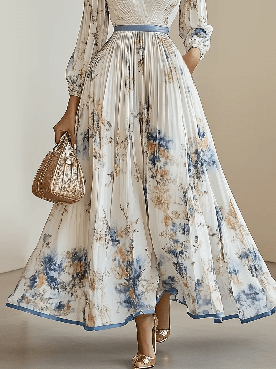 Vestido Maxi de Chiffon Blanco Plisado Floral con Cuello en V y Mangas Globo