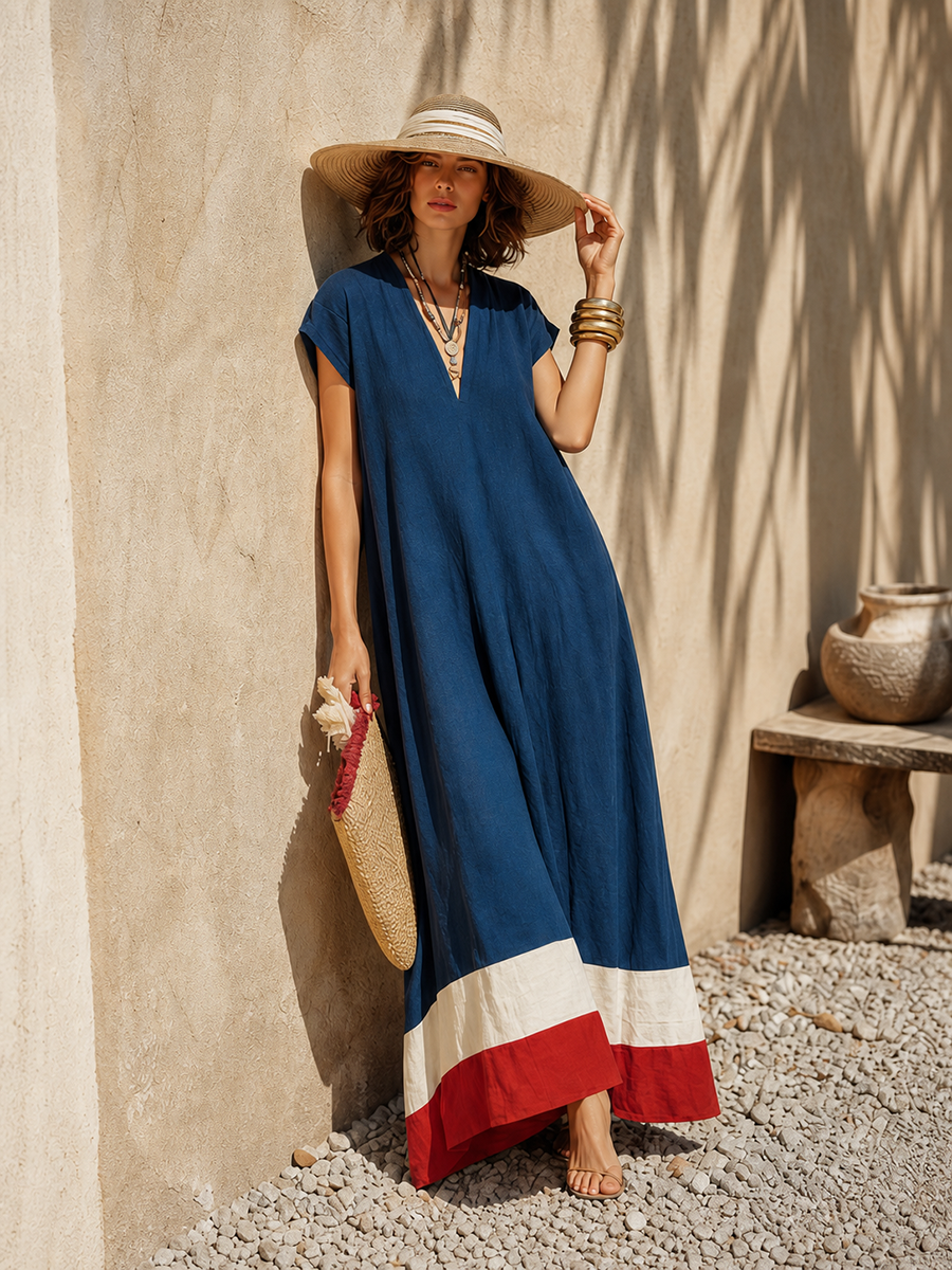 Vestido Maxi Minimalista Azul Marino de Algodón-Lino con Dobladillo Rojo y Blanco Estilo Vacacional