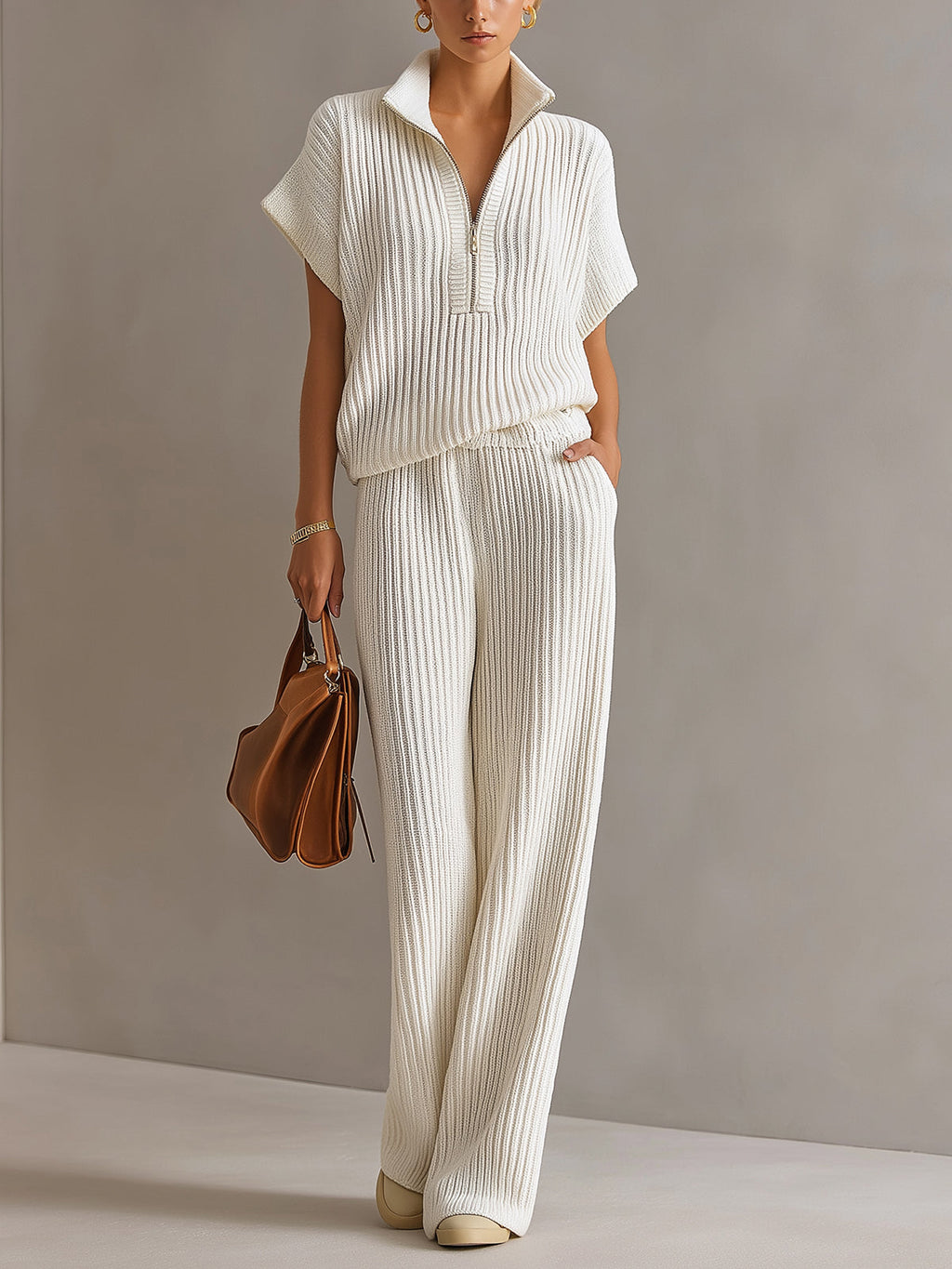 Set de Dos Piezas Chic Elegante Blanco Crema: Suéter Oversize con Cremallera y Pantalón de Pierna Ancha