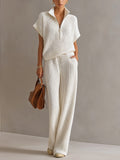 Set de Dos Piezas Chic Elegante Blanco Crema: Suéter Oversize con Cremallera y Pantalón de Pierna Ancha