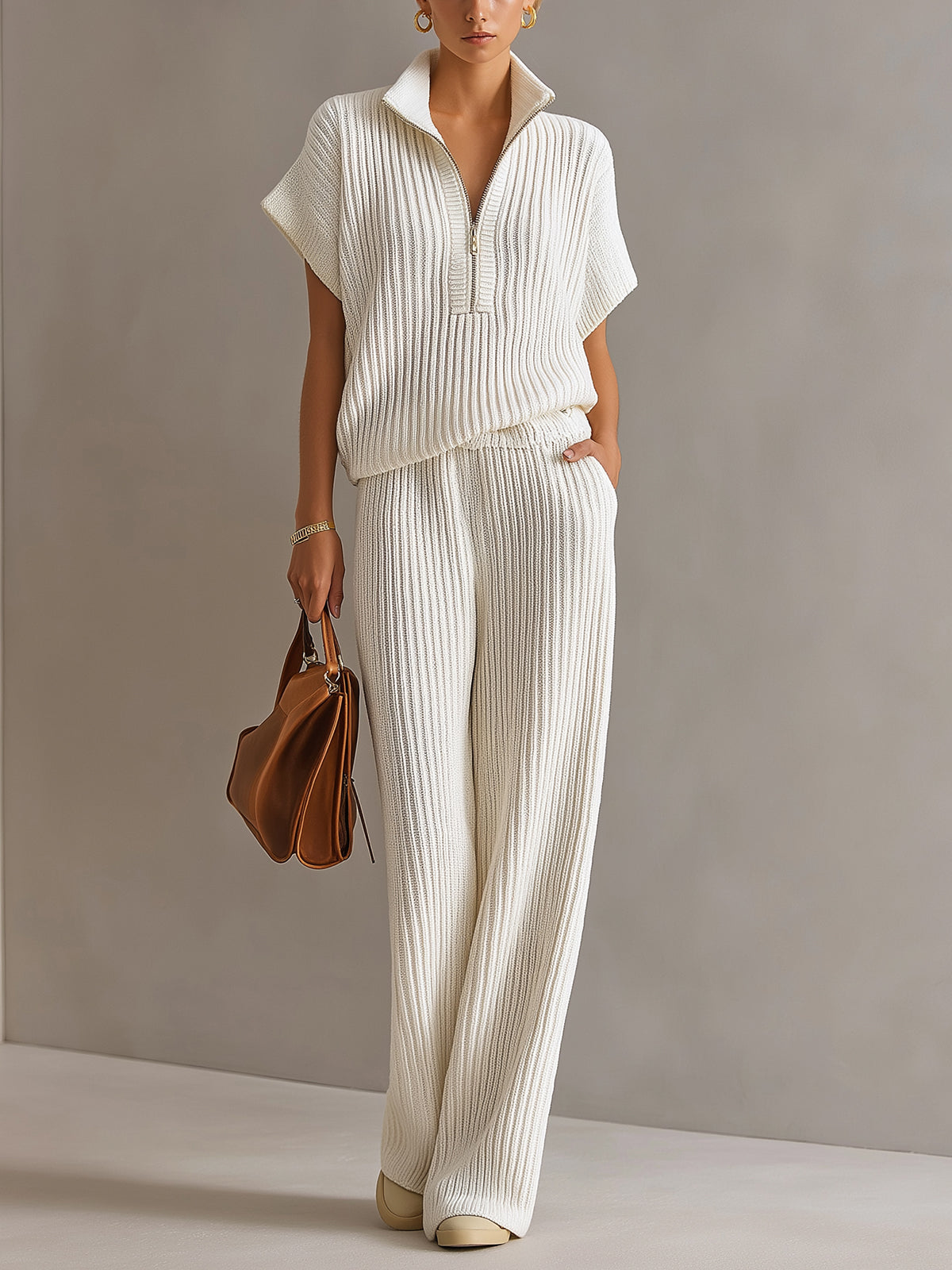 Set de Dos Piezas Chic Elegante Blanco Crema: Suéter Oversize con Cremallera y Pantalón de Pierna Ancha