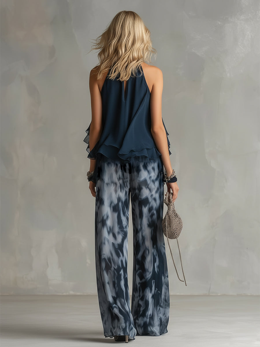 Ludovica | Conjunto de top halter azul marino elegante y pantalón ancho estampado