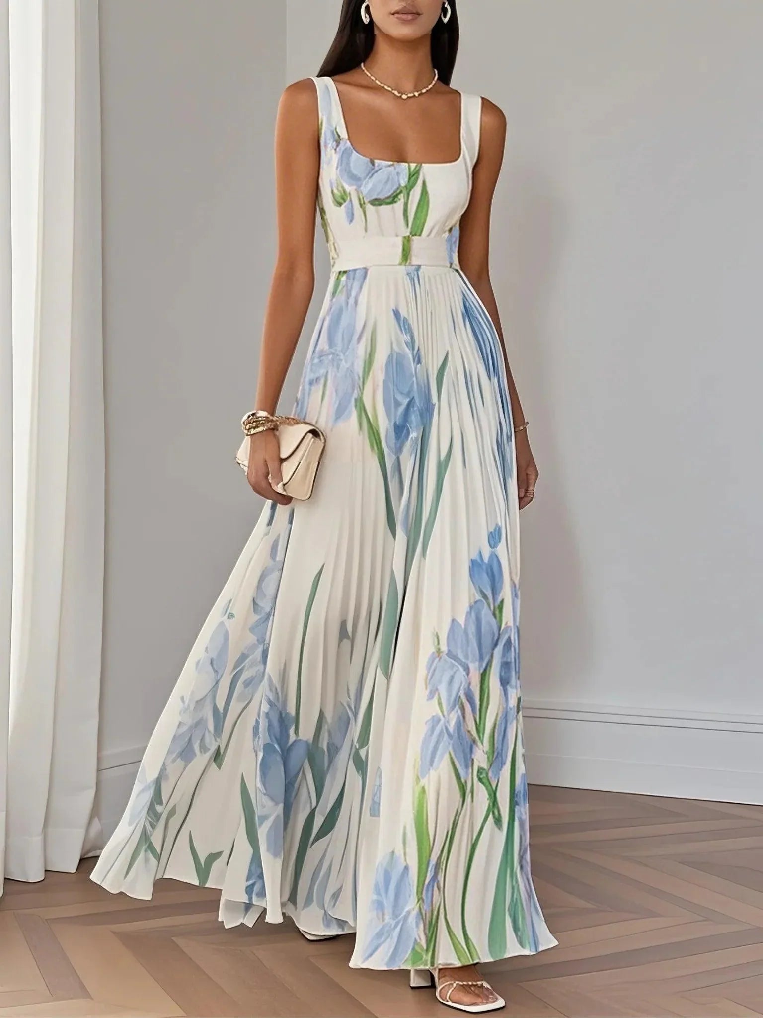 Vestido Maxi de Chiffon Blanco Plisado Floral con Cuello Cuadrado sin Mangas
