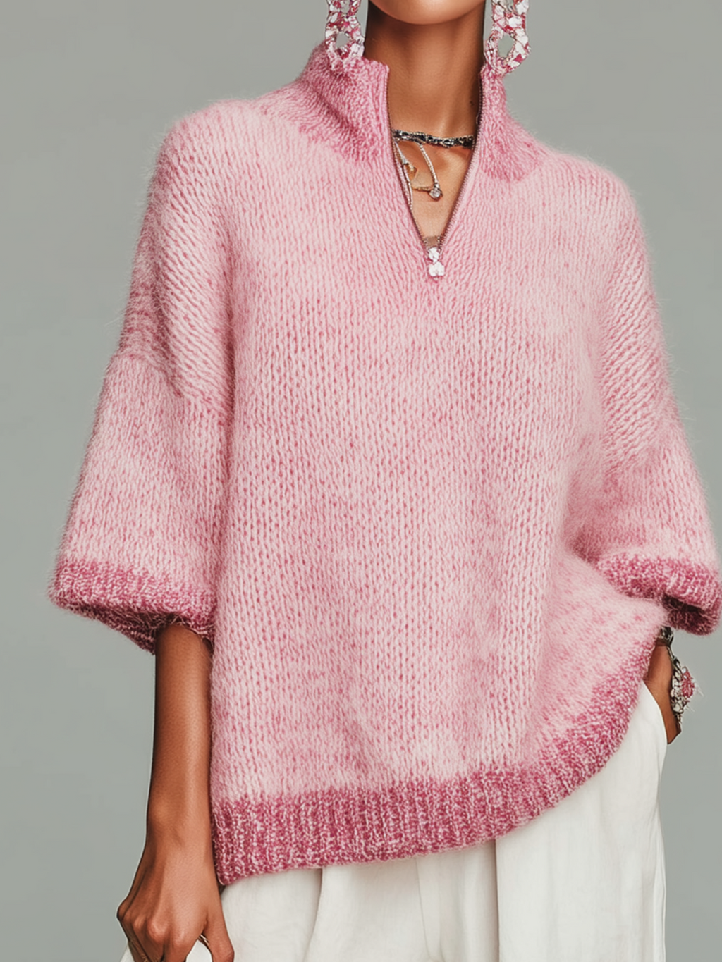 Top Suéter Casual Rosa con Cuello Alto, Cremallera y Manga Corta