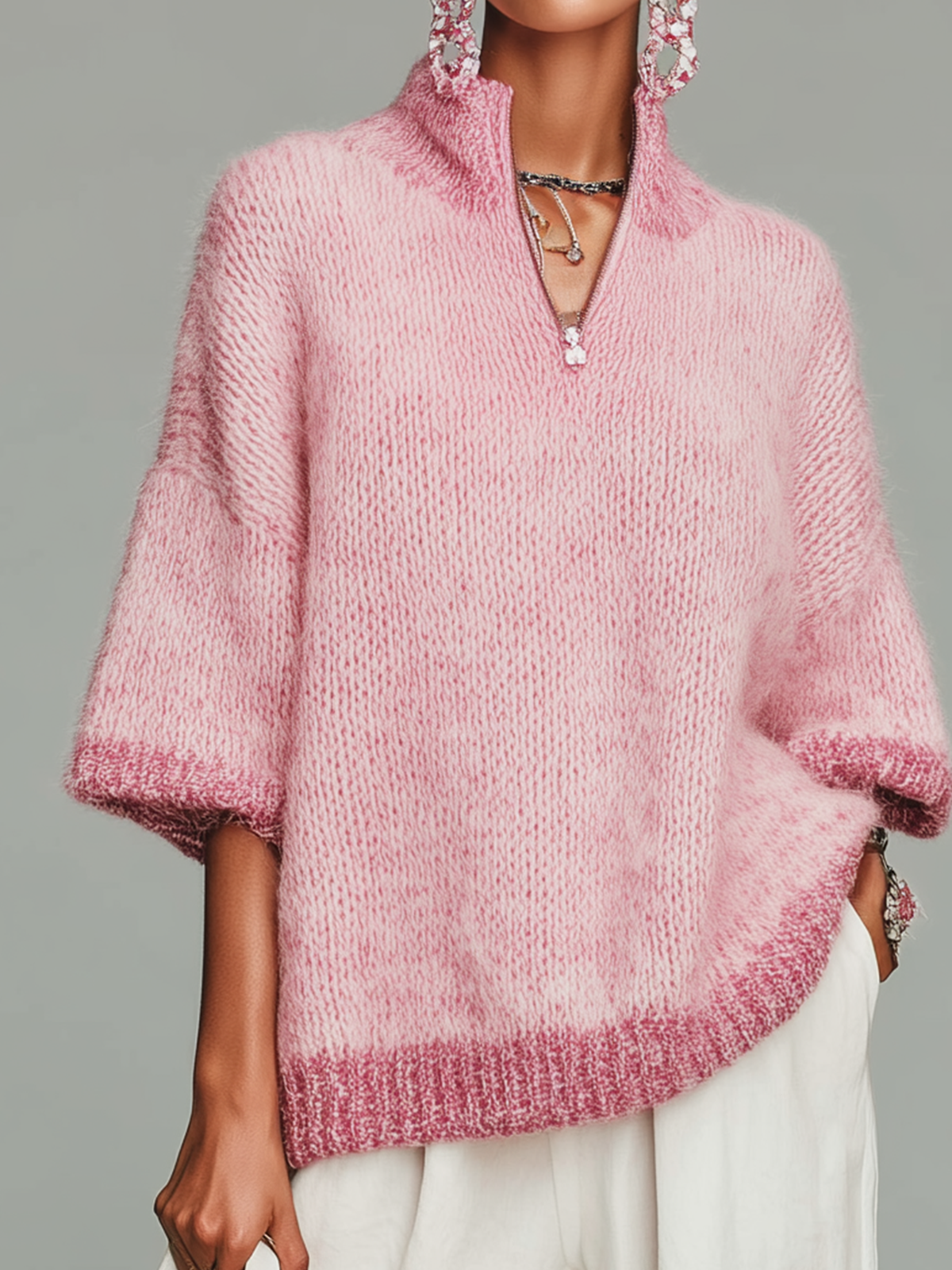 Top Suéter Casual Rosa con Cuello Alto, Cremallera y Manga Corta