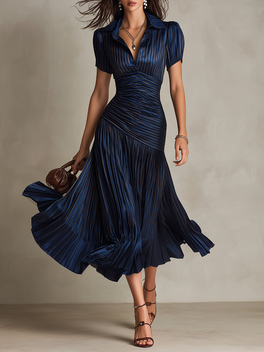 Adriana - Vestido Midi de Satén a Rayas Retro