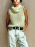 Top Camiseta Chic Vintage Verde Claro con Cuello Cowl y Punto Acanalado Esponjoso