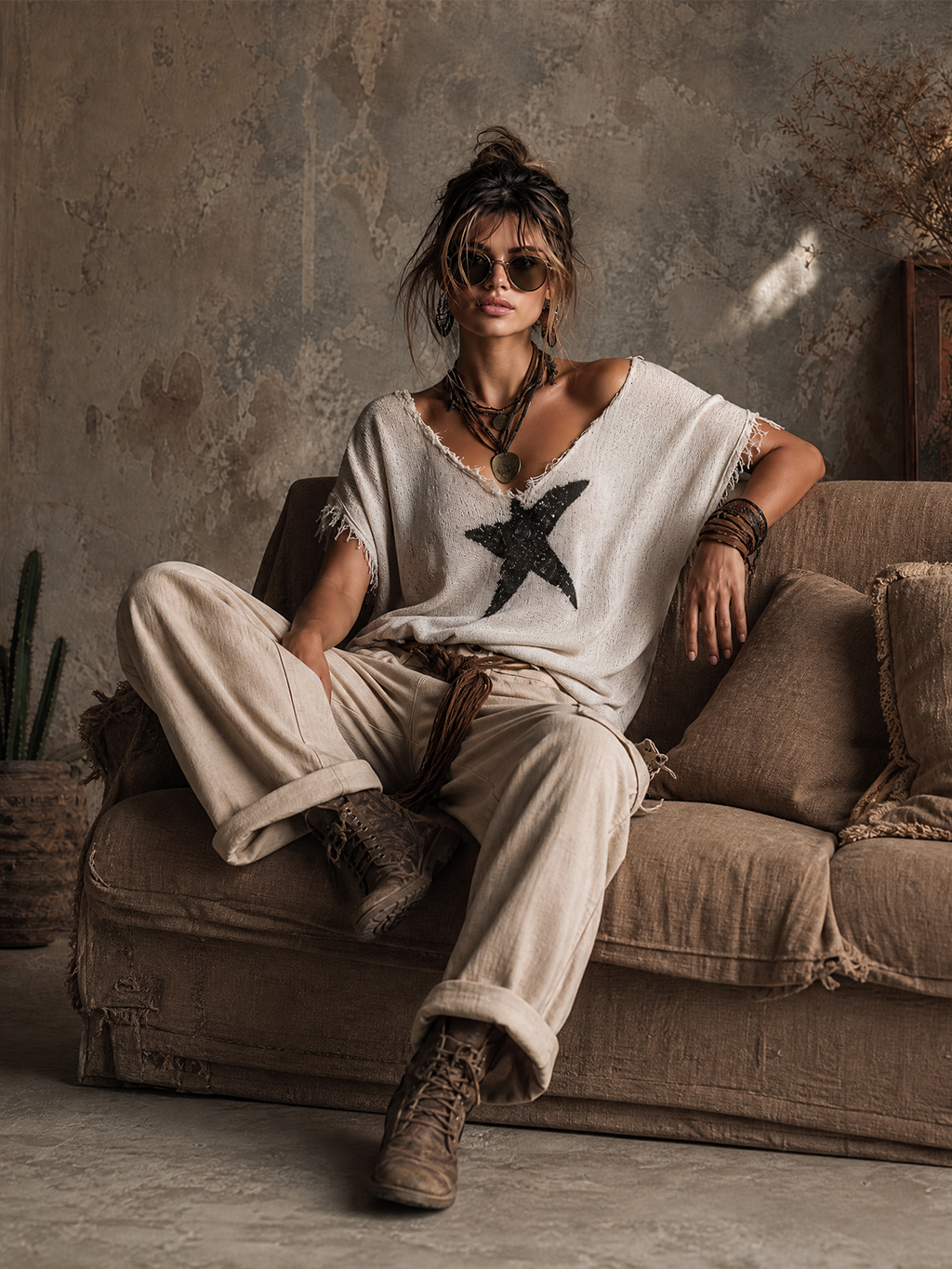Top Suéter Chic Casual Blanco con Cuello en V, Estampado de Estrellas y Mangas Dólman