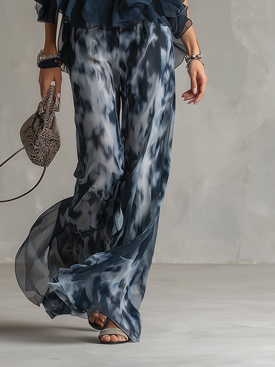 Ludovica | Conjunto de top halter azul marino elegante y pantalón ancho estampado