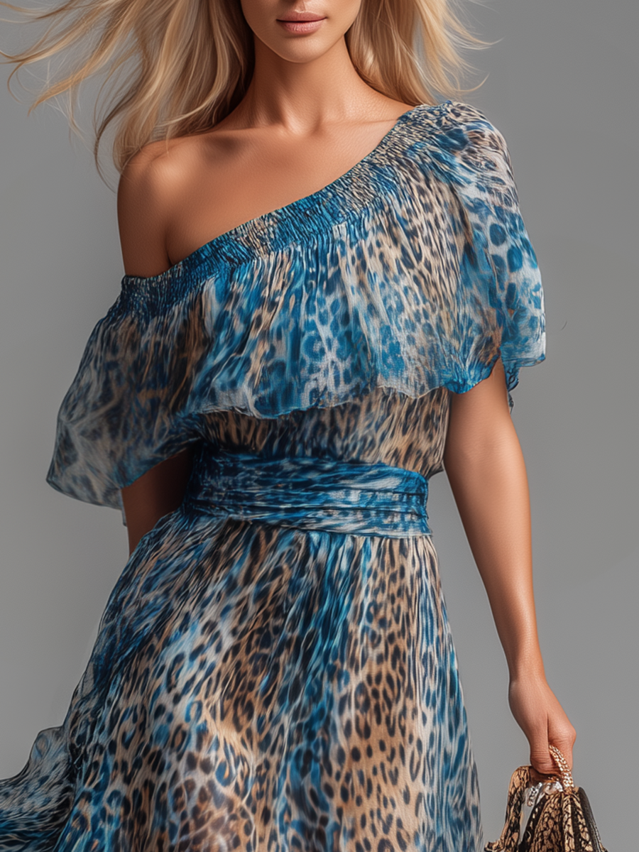 Salvaje - Vestido largo de gasa con estampado de leopardo y hombros descubiertos