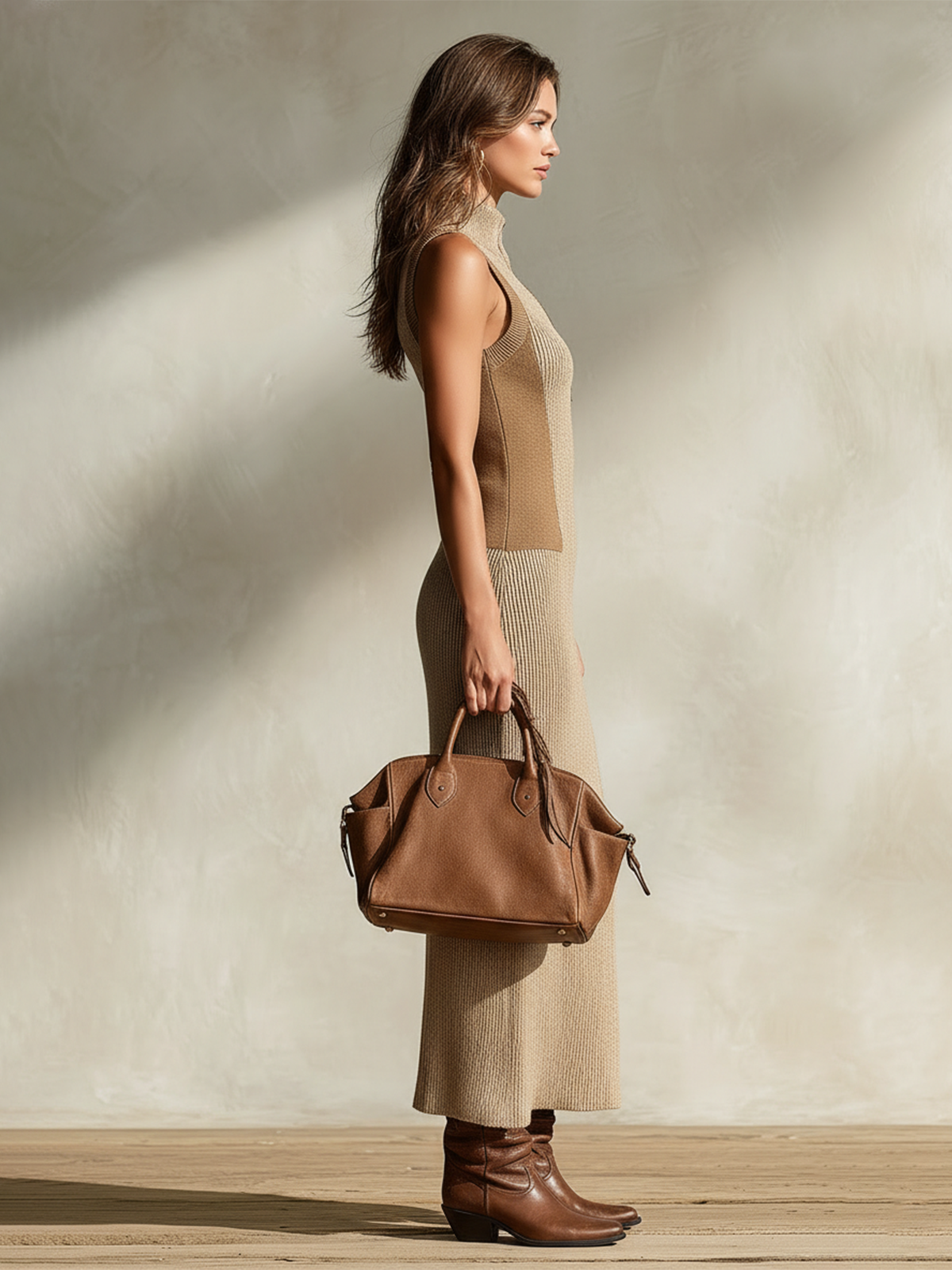 Vestido Maxi Chic Elegante Camel Colorblock con Cuello Alto, Botonadura y Abertura Lateral