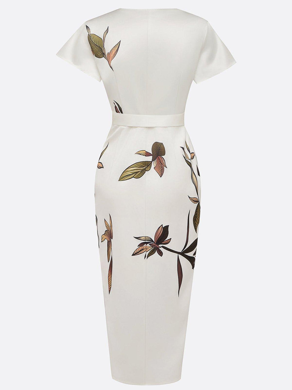 Vestido Midi Satinado Blanco con Estampado de Hojas y Manga Corta
