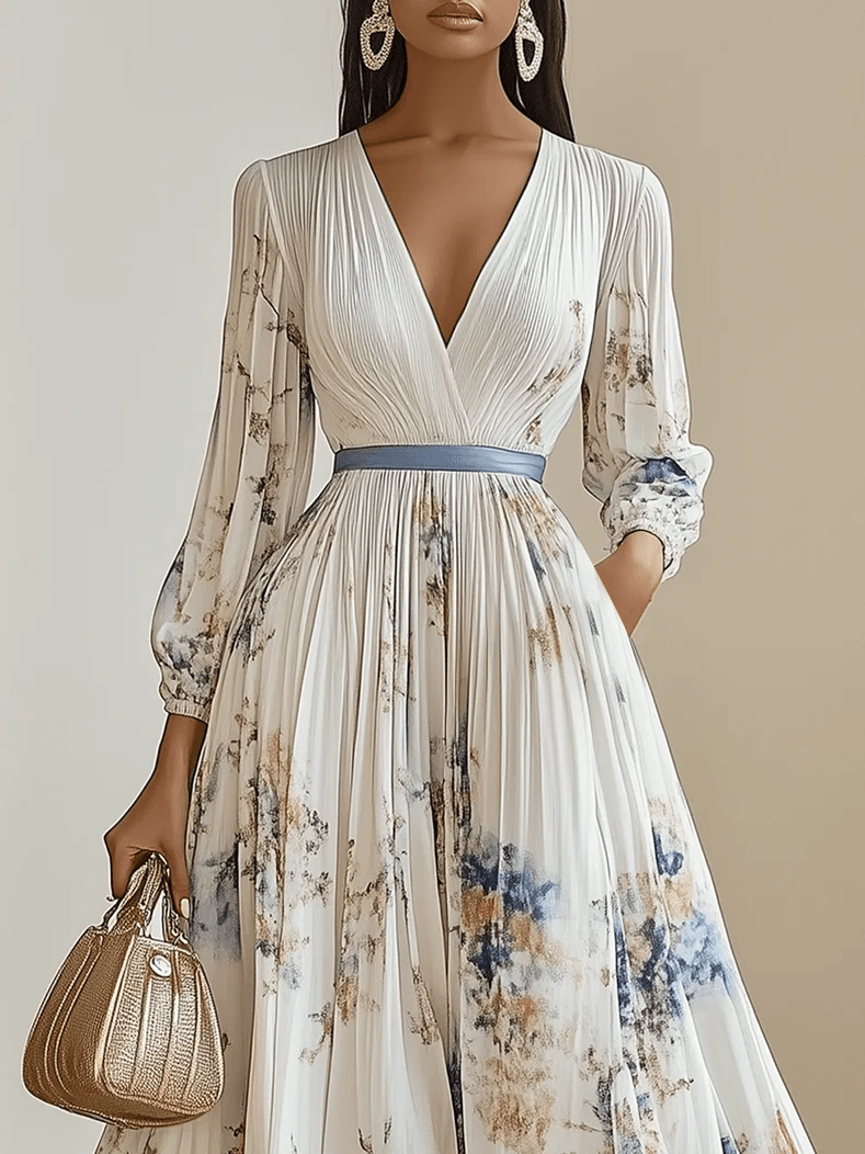 Vestido Maxi de Chiffon Blanco Plisado Floral con Cuello en V y Mangas Globo
