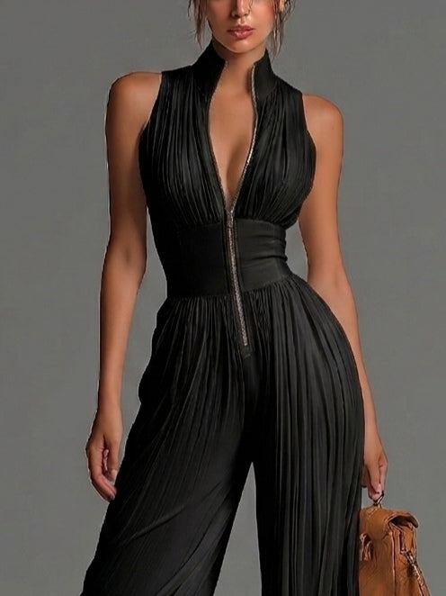 Mono de Chiffon Negro Plisado Sin Mangas con Escote en V y Cremallera