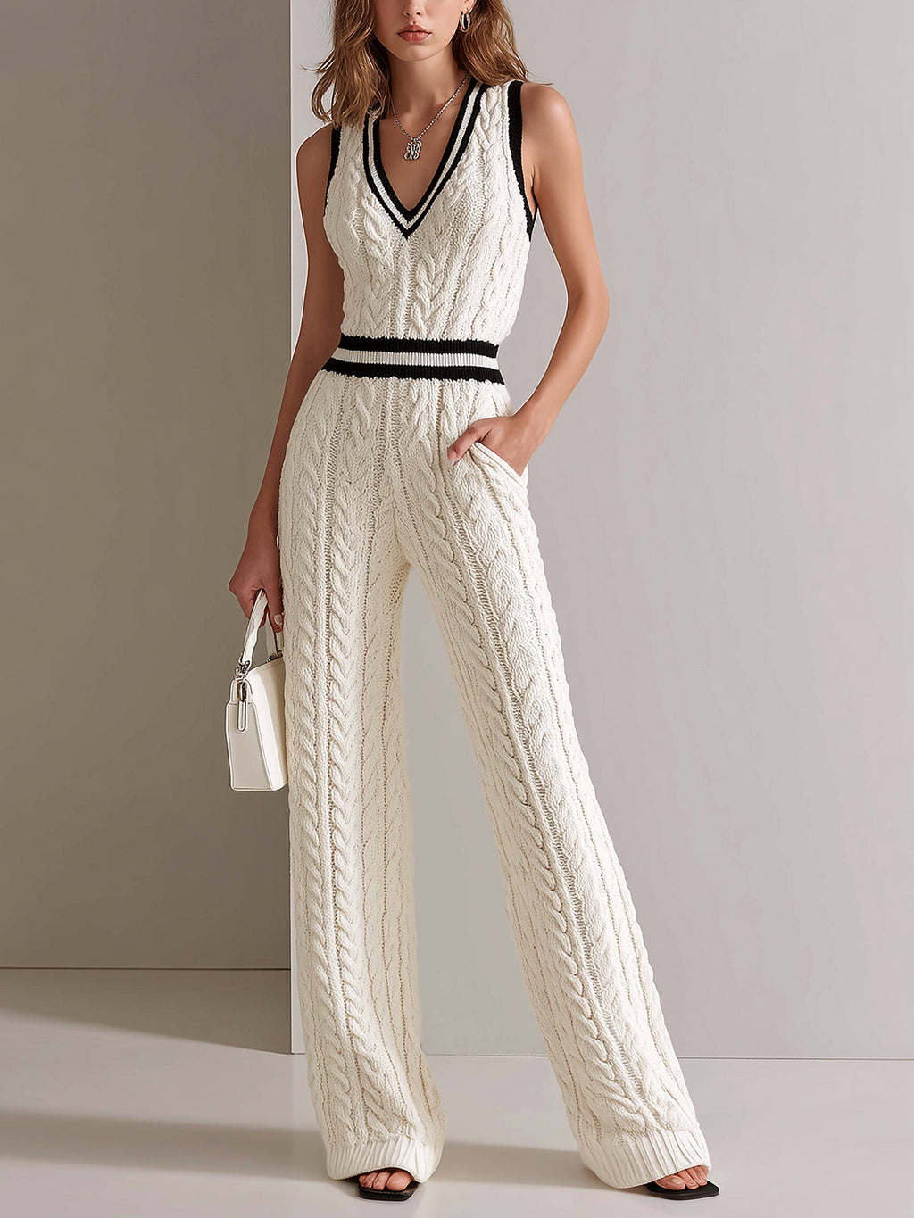 Mono Chic Elegante Blanco Crema con Cuello en V, Ribete en Contraste y Punto Cable