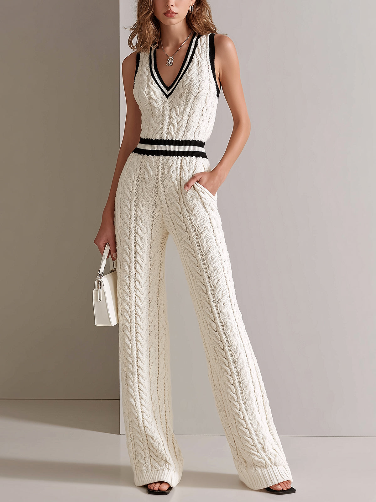 Mono Chic Elegante Blanco Crema con Cuello en V, Ribete en Contraste y Punto Cable