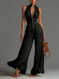 Mono de Chiffon Negro Plisado Sin Mangas con Escote en V y Cremallera