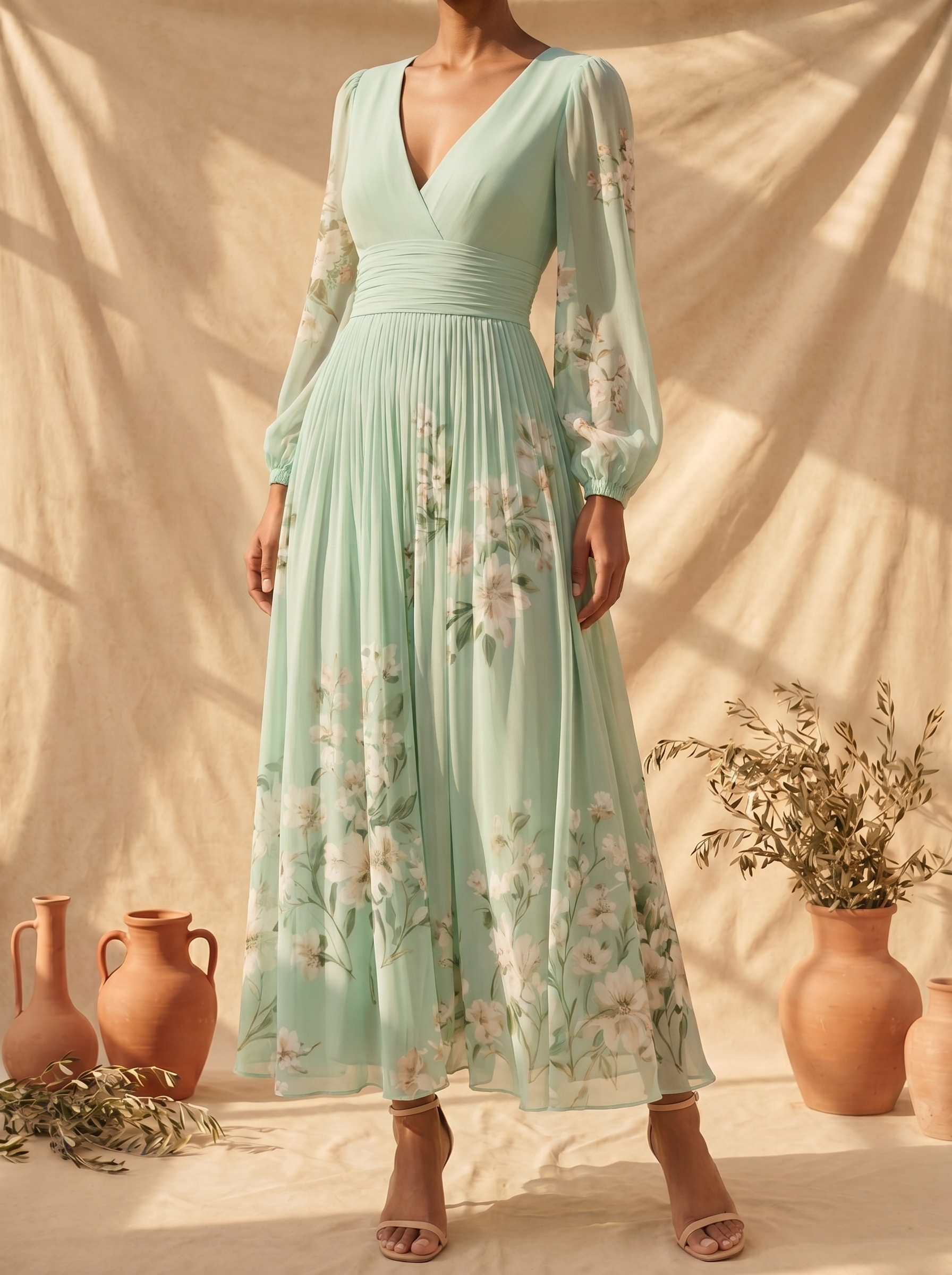 Cisella | Vestido Midi Verde Claro con Estampado Floral