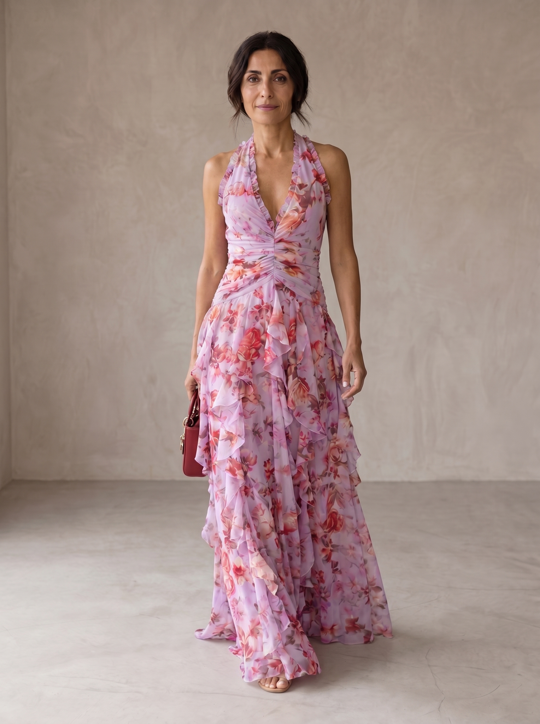 Belladina | Vestido Maxi Romántico con Rosas en Cascada y Escote Americano