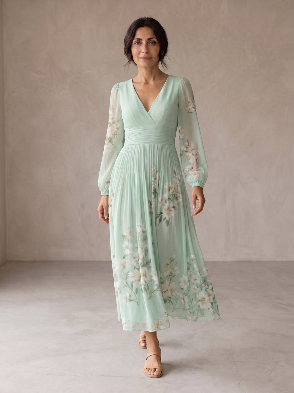 Cisella | Vestido Midi Verde Claro con Estampado Floral