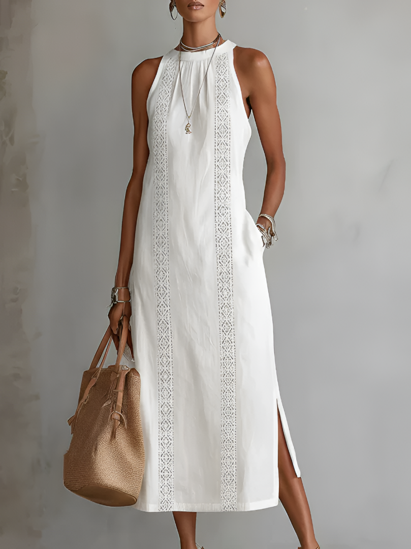 Jimena | Vestido midi relajado con cuello mandarín bordado