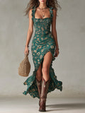 Zara | Vestido largo fruncido con estampado floral bohemio y abertura lateral