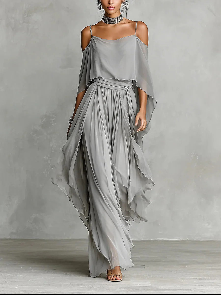 Isabela | Conjunto fluido gris con top de tirantes finos y pantalón ligero
