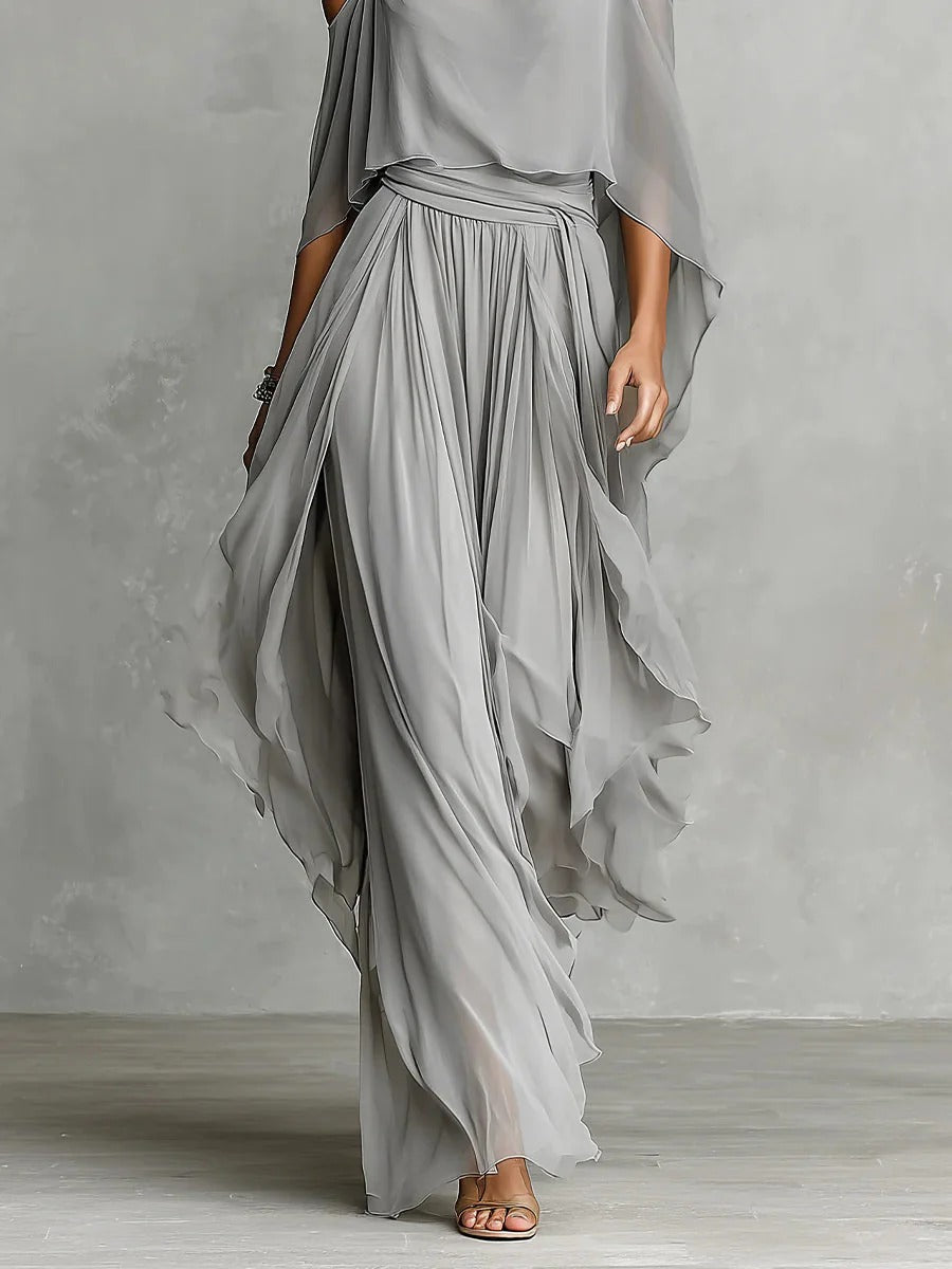 Isabela | Conjunto fluido gris con top de tirantes finos y pantalón ligero