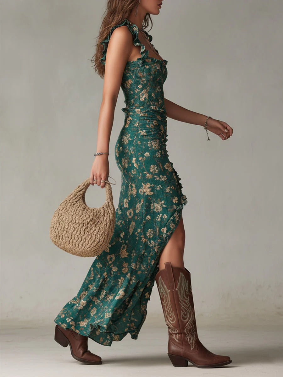 Zara | Vestido largo fruncido con estampado floral bohemio y abertura lateral