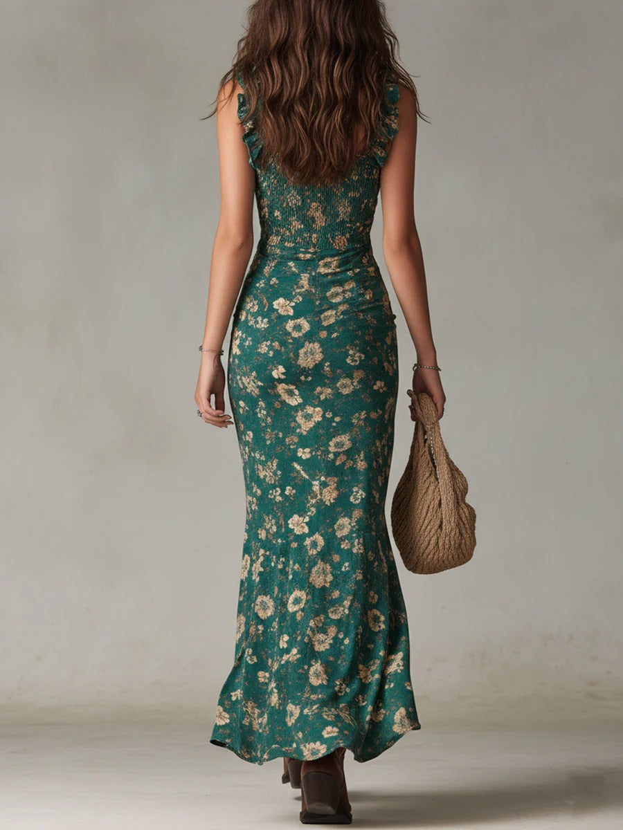 Zara | Vestido largo fruncido con estampado floral bohemio y abertura lateral