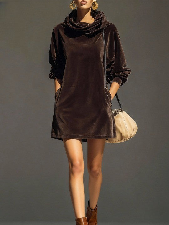 Mini Vestido Holgado de Terciopelo Café Vintage con Capucha