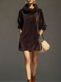 Mini Vestido Holgado de Terciopelo Café Vintage con Capucha