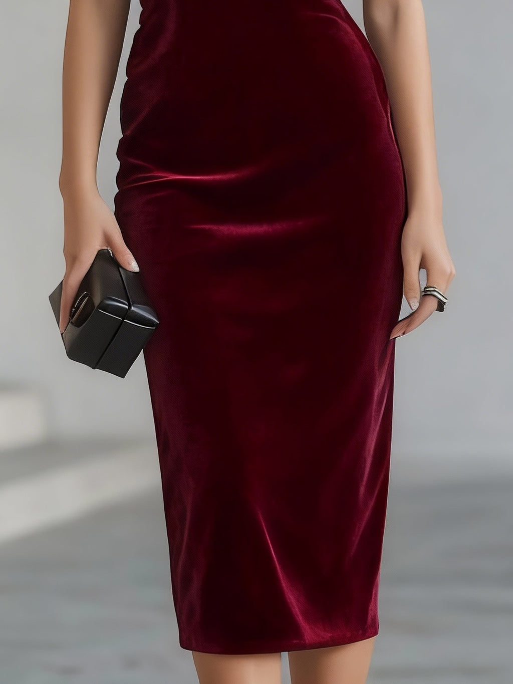 VESTIDO MIDI DE TERCIOPELO BURDEOS CON LAZO DRAMÁTICO
