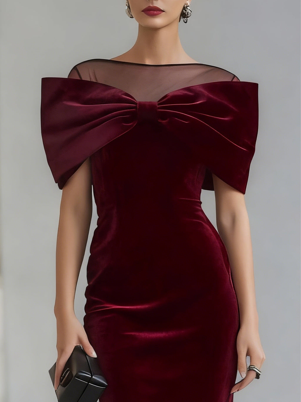 VESTIDO MIDI DE TERCIOPELO BURDEOS CON LAZO DRAMÁTICO