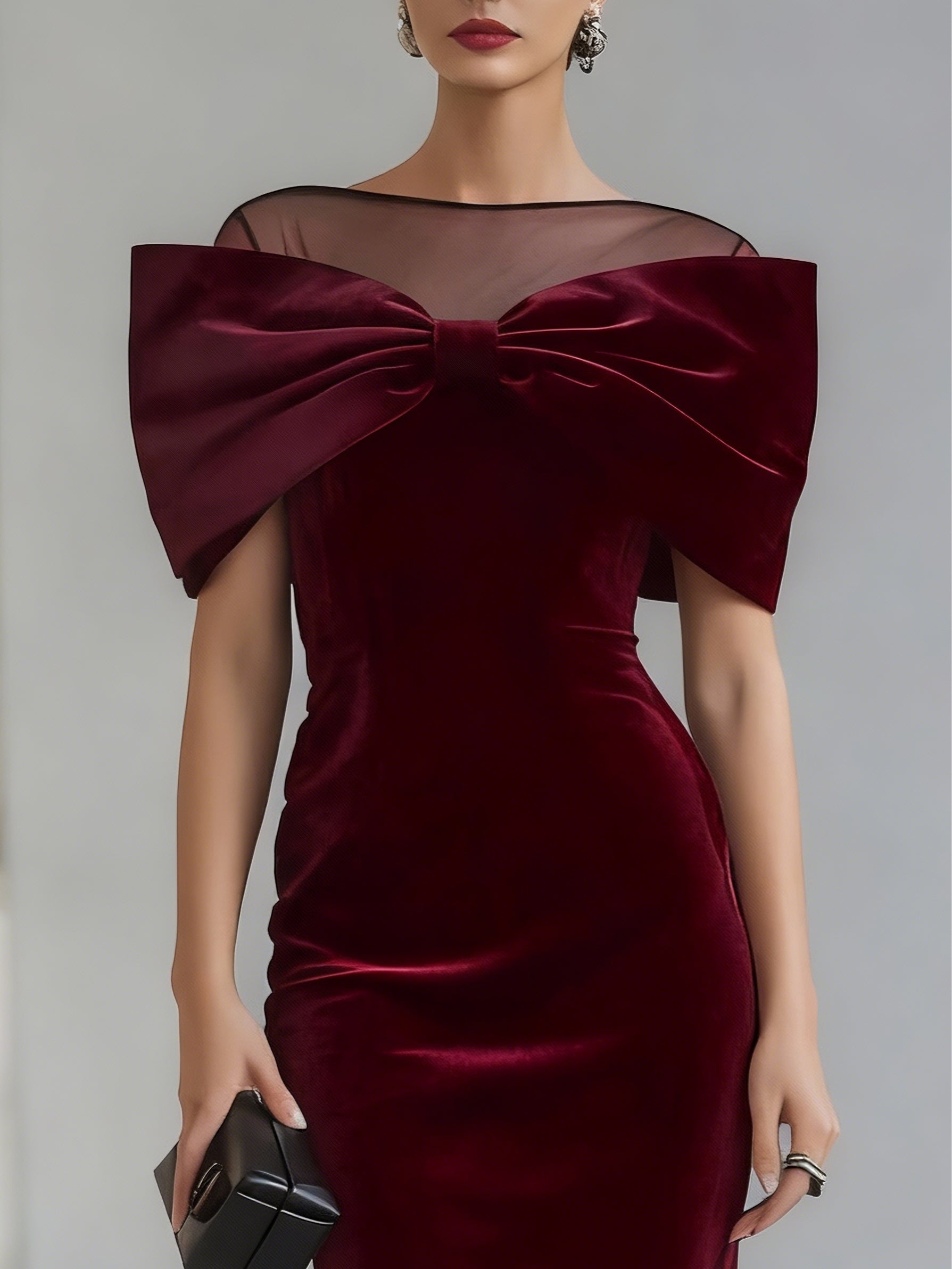 VESTIDO MIDI DE TERCIOPELO BURDEOS CON LAZO DRAMÁTICO