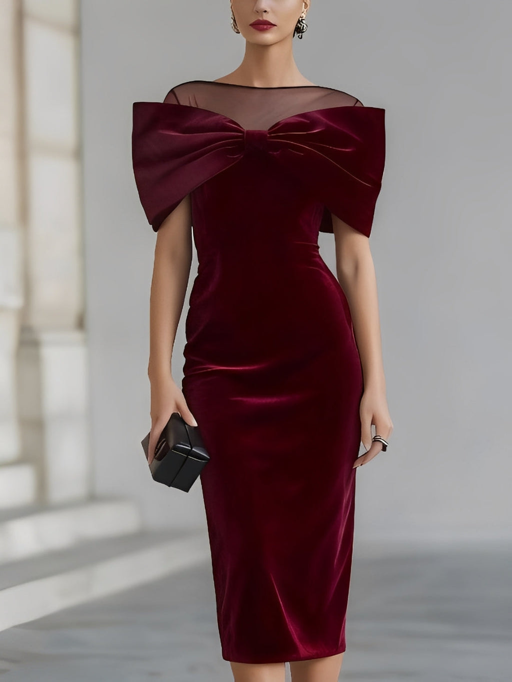 VESTIDO MIDI DE TERCIOPELO BURDEOS CON LAZO DRAMÁTICO