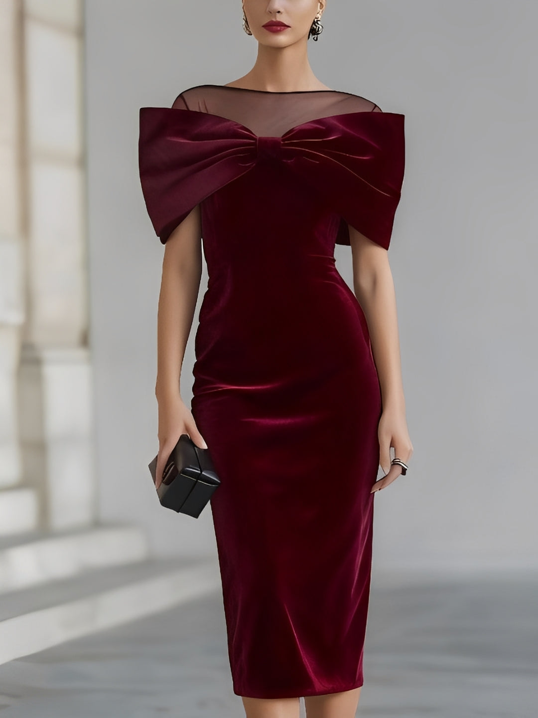 VESTIDO MIDI DE TERCIOPELO BURDEOS CON LAZO DRAMÁTICO