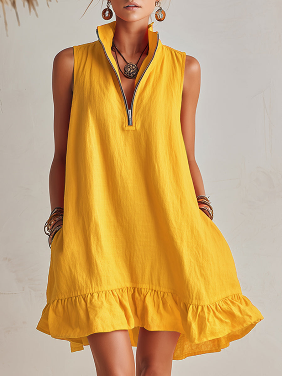 Mini Vestido Naranja de Resort de Algodón-Lino con Cuello Alto, Media Cremallera y Dobladillo con Volantes