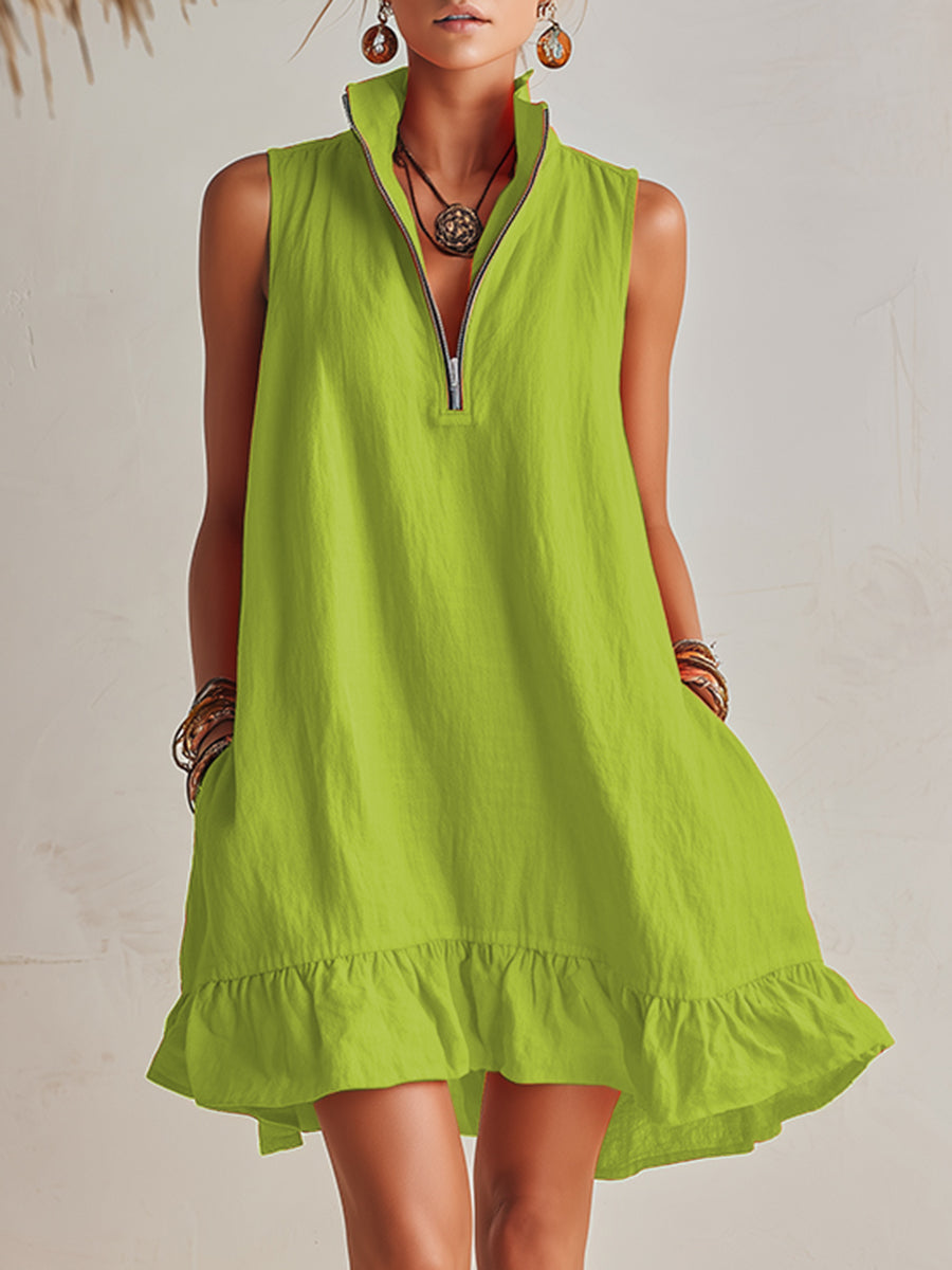 Mini Vestido Naranja de Resort de Algodón-Lino con Cuello Alto, Media Cremallera y Dobladillo con Volantes