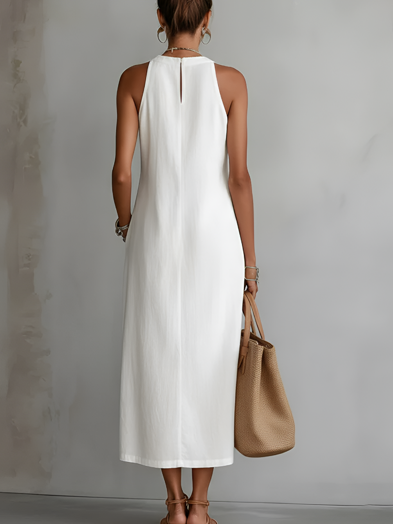 Jimena | Vestido midi relajado con cuello mandarín bordado