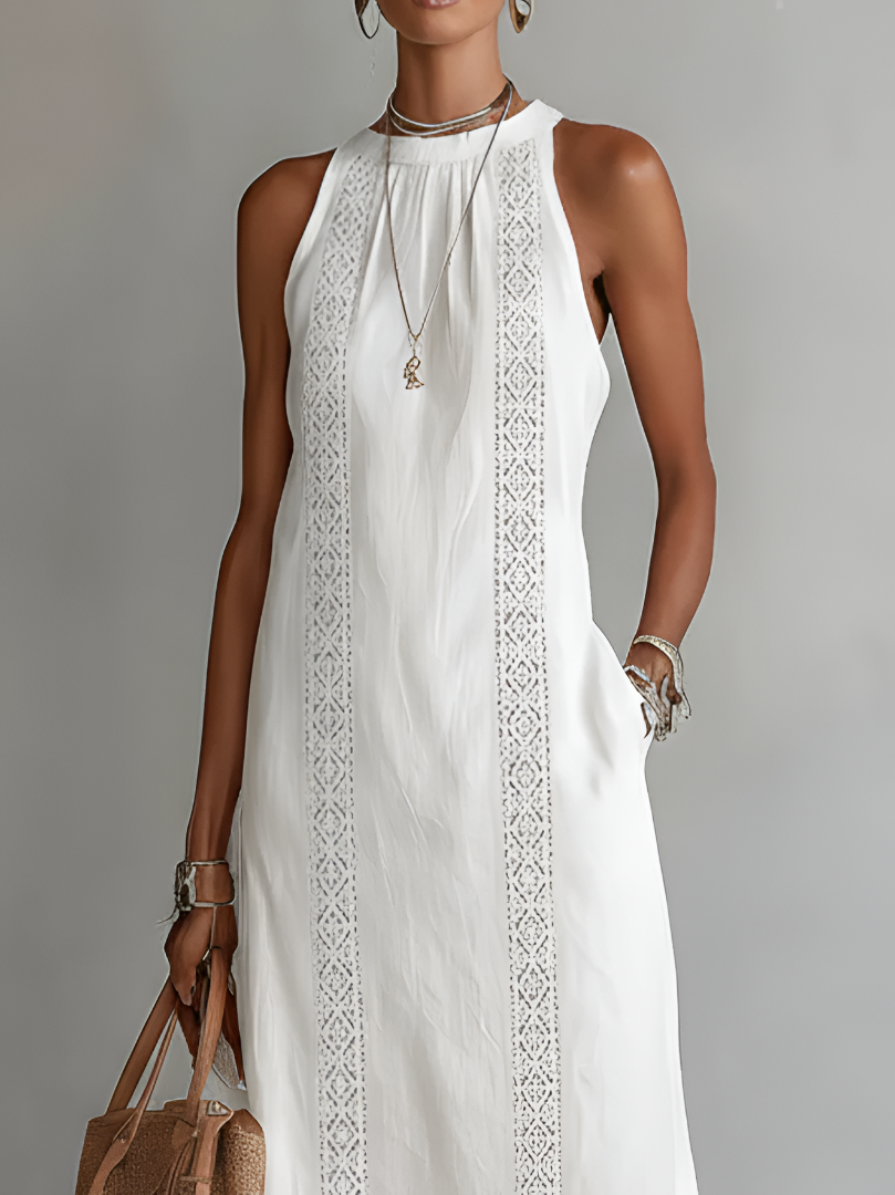 Jimena | Vestido midi relajado con cuello mandarín bordado