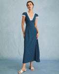Vestido Maxi Azul Marino de Lunares y Encaje con Fruncido